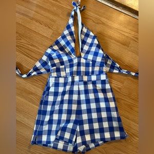Anthropologie Maeve Blue and White Checkered Romper